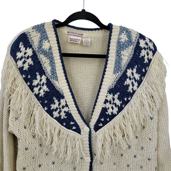Vintage 80s Western Cardigan Sweater M Blue Cream Fringe Hand Knit Button Up - Picture 4 of 12